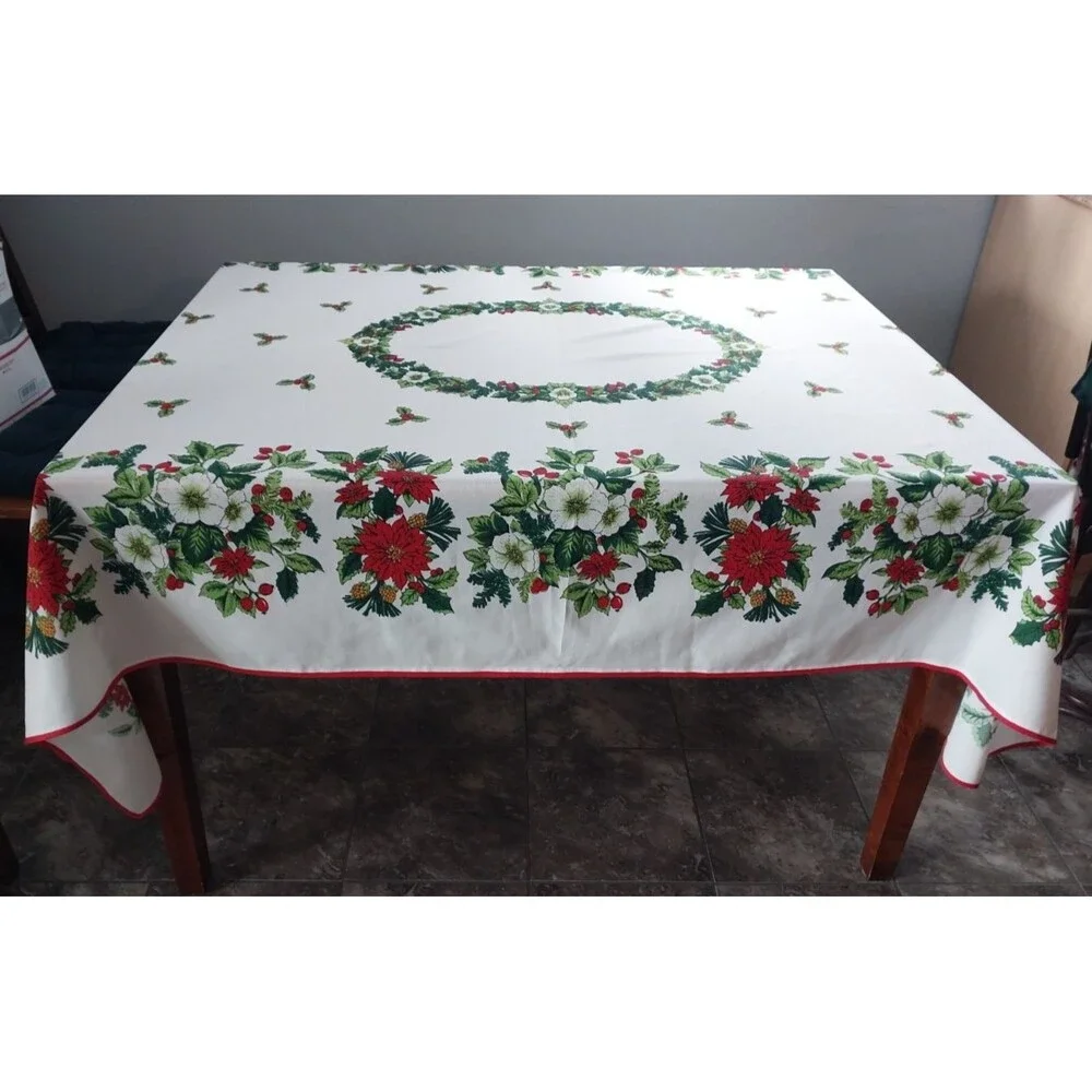 Vintage 52 x 74 Polyester Christmas Print Tablecloth Poinsettia/Holly Beautiful